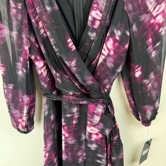 NWT DKNY Black Floral Wrap Mock Wrap Midi Dress Size 6 Sheer Long Sleeve - Picture 9 of 12